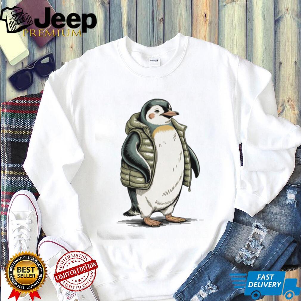 Adorable Baby Penguin Wearing Green Puffer Vest T Shirt