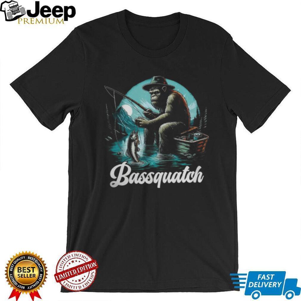 Bassquatch Funny Bigfoot Fishing in a Boat Bass Fisherman T Shirt