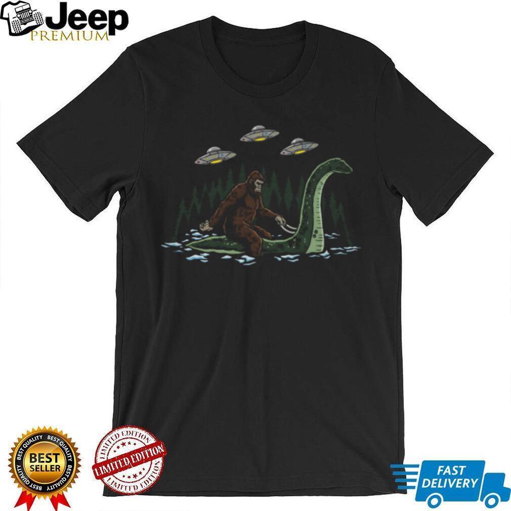 Bigfoot Riding Loch Ness Monster with UFOs Fantasy T Shirt