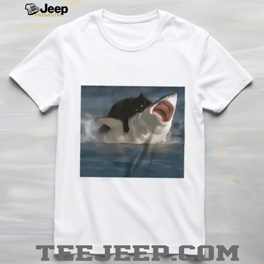 Black Cat Riding Great White Shark Funny Graphic T Shirt
