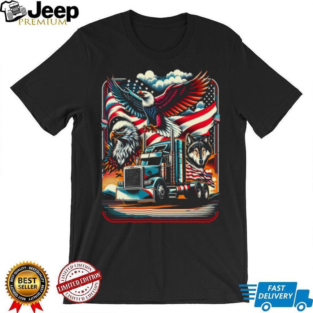 American Trucker Pride Eagle Wolf and Semi Truck US Flag Graphic Tee