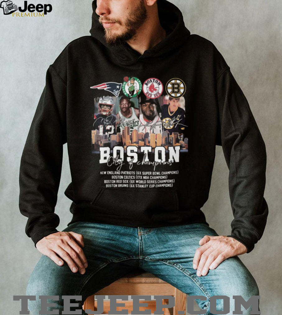 Boston City of Champions Patriots Celtics Red Sox Bruins Legends T Shirt