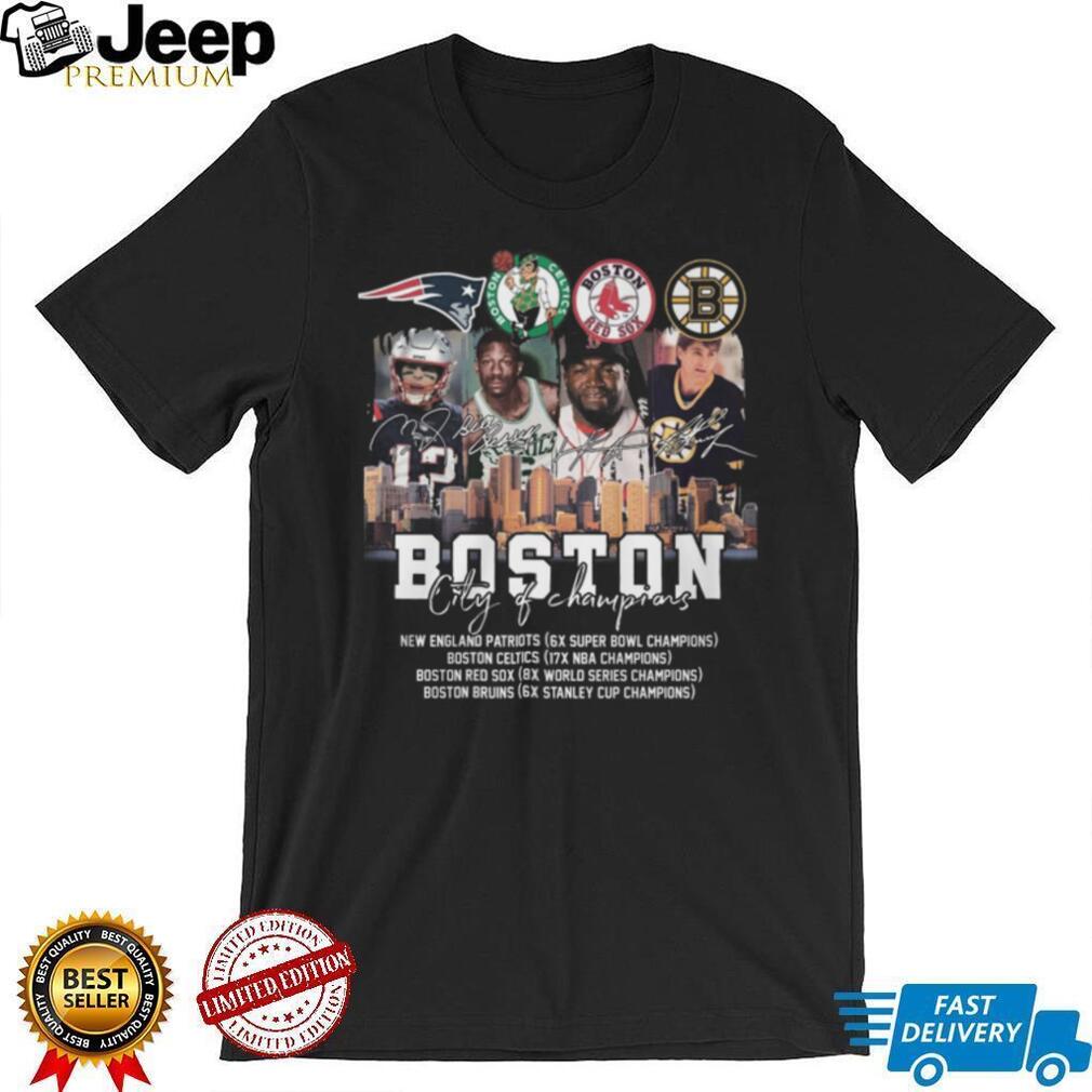 Boston City of Champions Patriots Celtics Red Sox Bruins Legends T Shirt