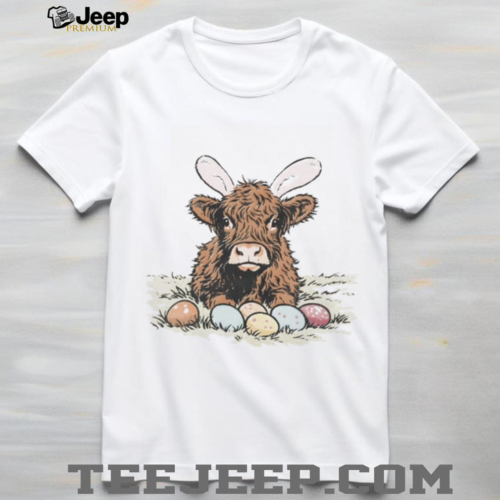 Cute Highland Cow Easter Bunny Ears with Eggs Graphic T Shirt