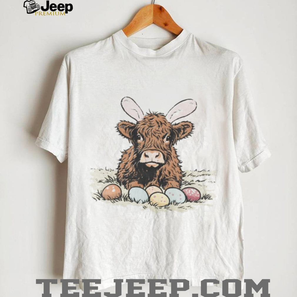 Cute Highland Cow Easter Bunny Ears with Eggs Graphic T Shirt