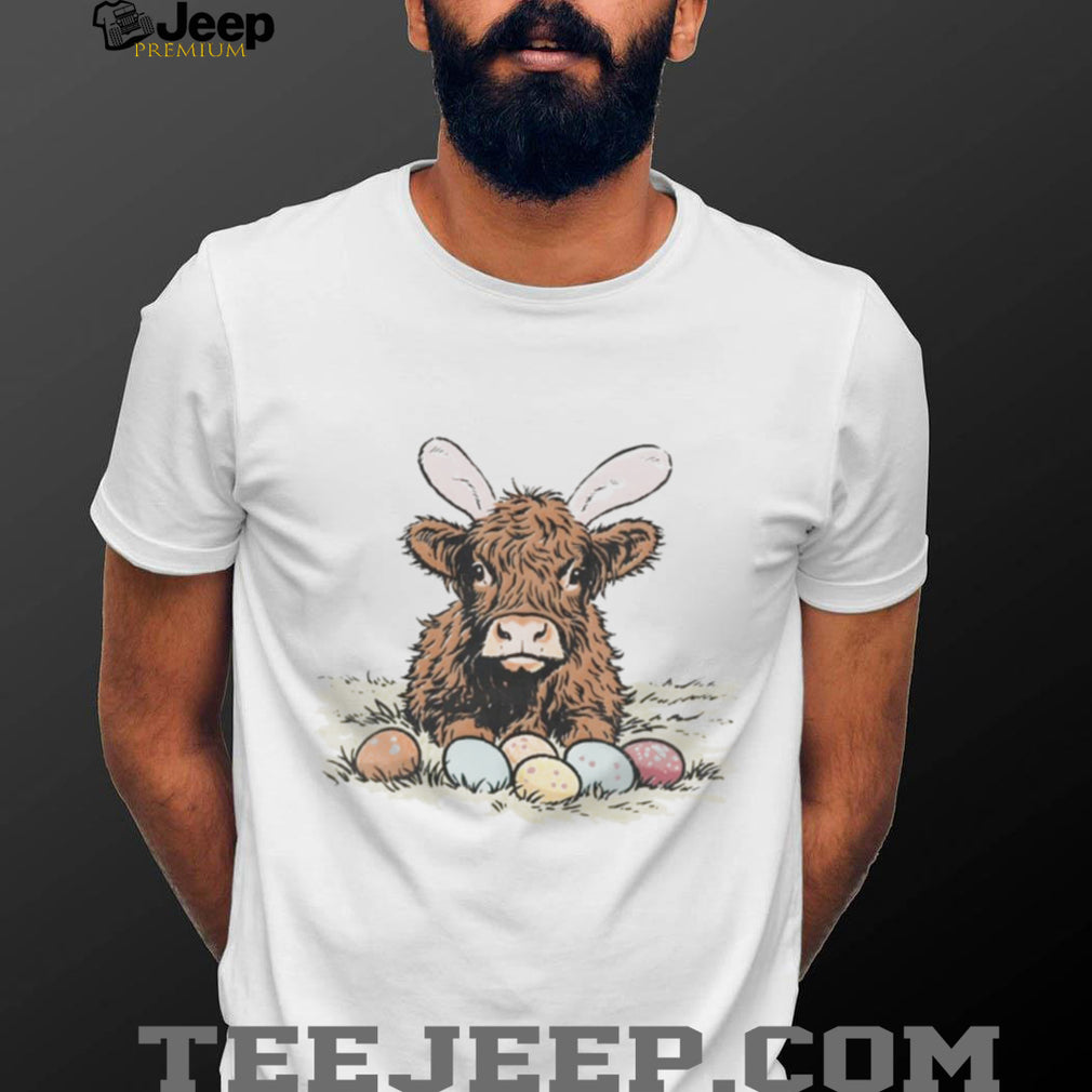 Cute Highland Cow Easter Bunny Ears with Eggs Graphic T Shirt