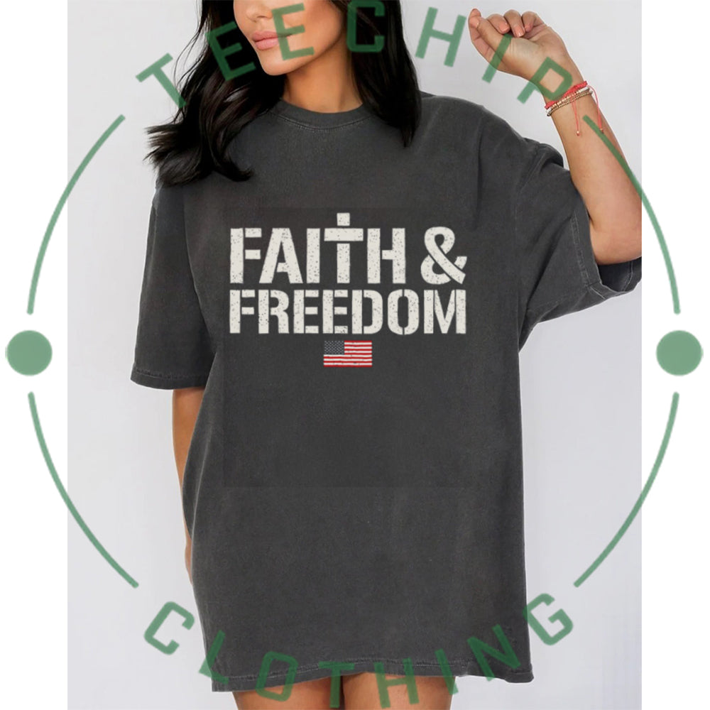 Faith & Freedom Patriotic Christian T Shirt with American Flag
