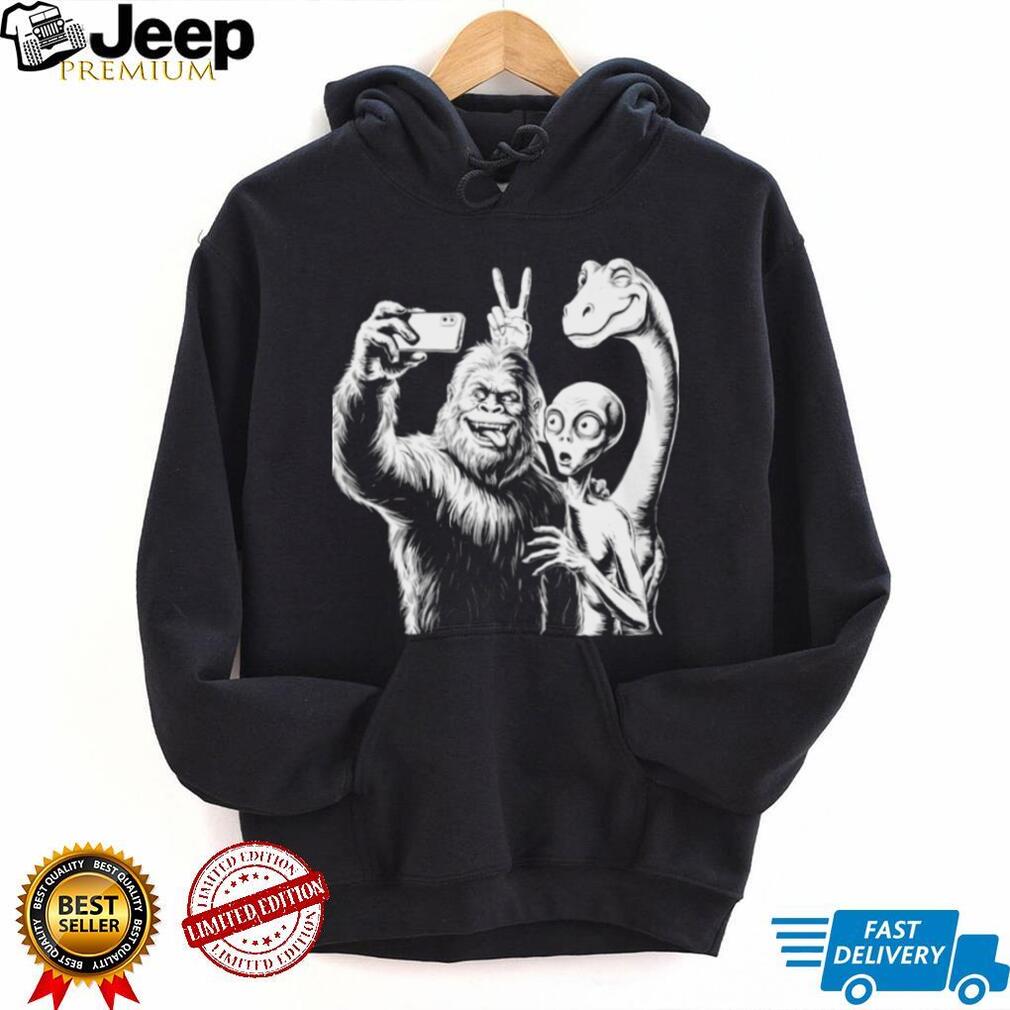 Funny Bigfoot Alien and Dinosaur Selfie Friends Graphic T Shirt