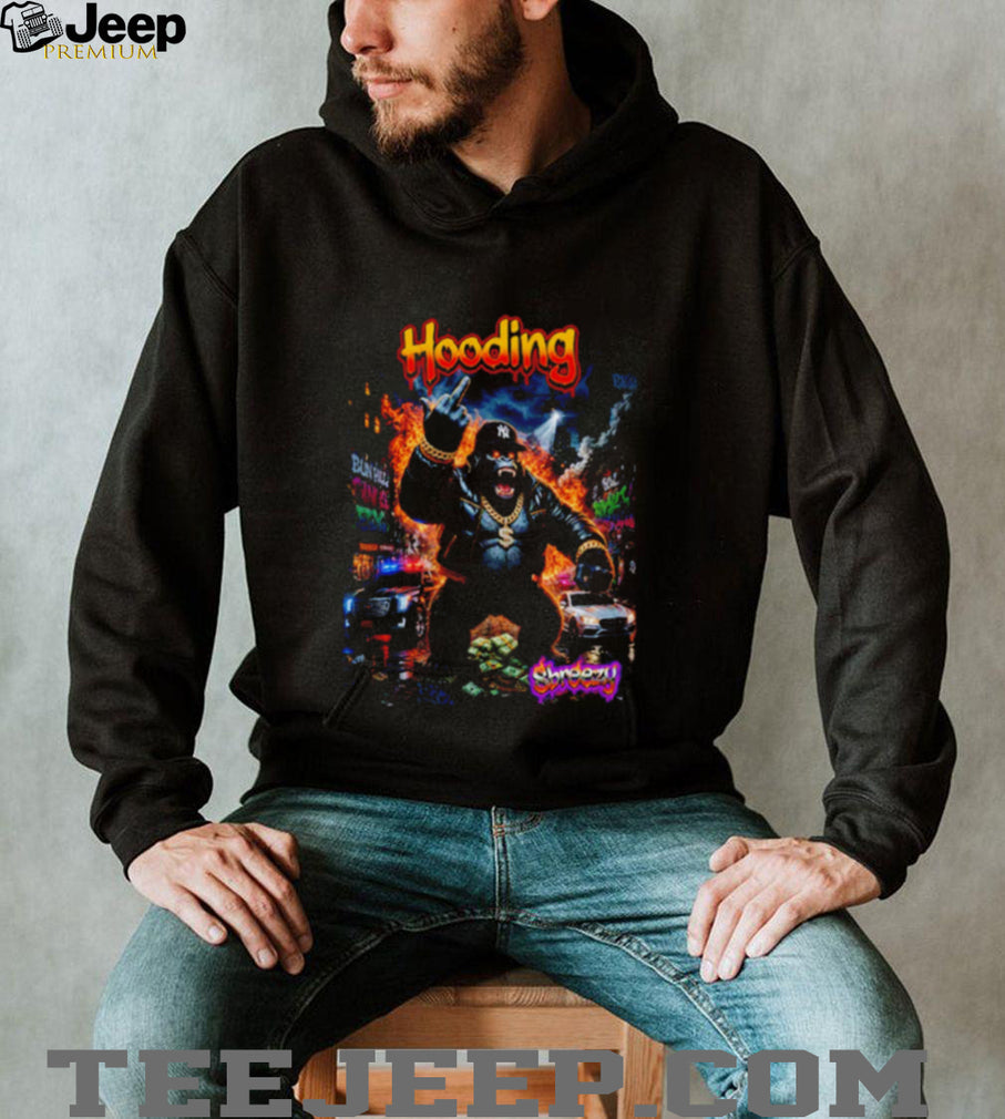 Gorilla wearing Ny hat and chains showing middle finger graphic shirt