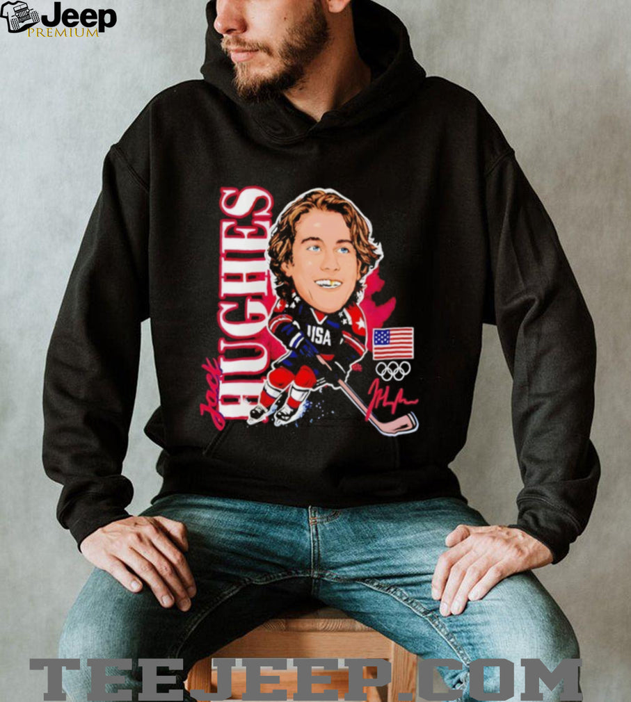 Jack Hughes USA Olympic Hockey Caricature Signature T Shirt