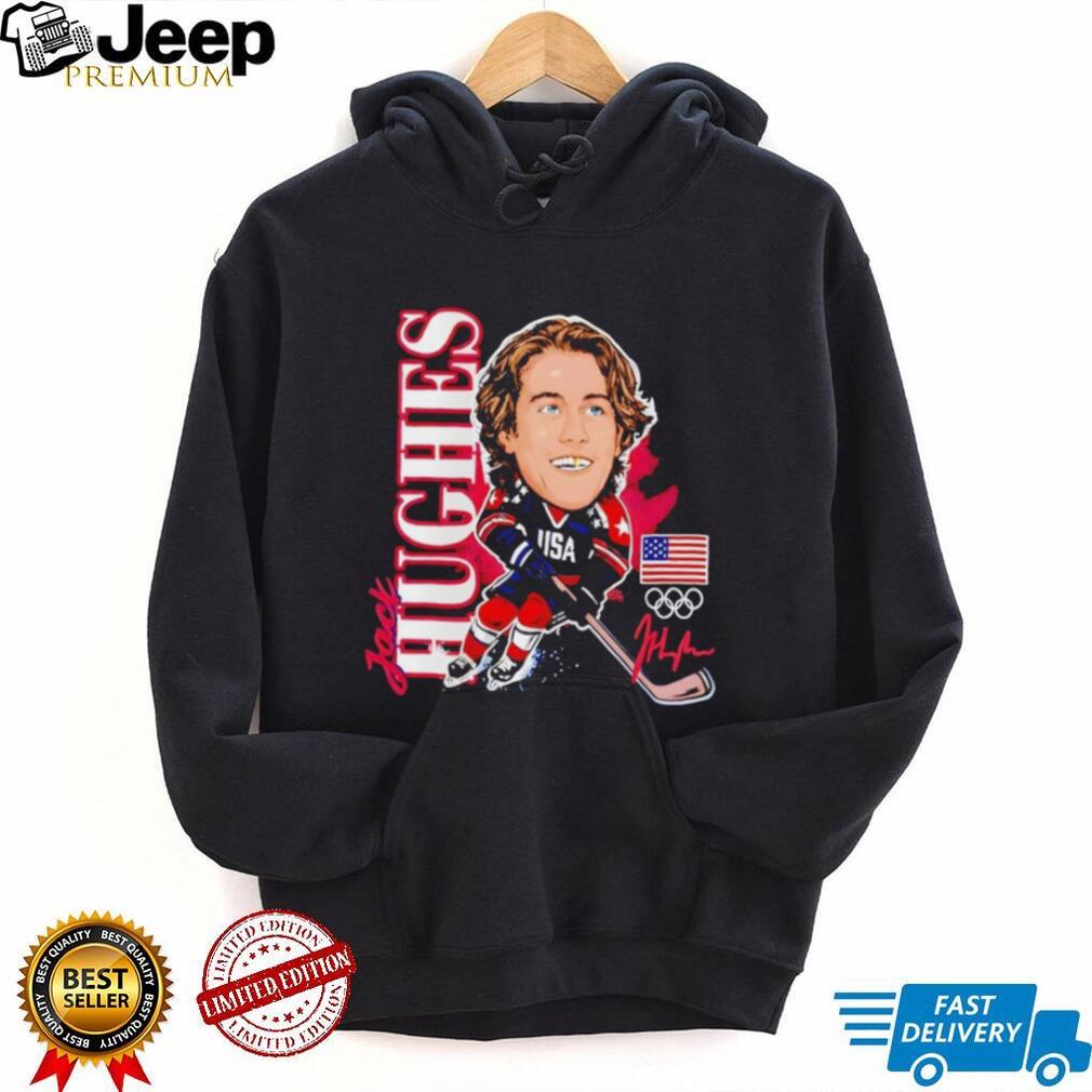 Jack Hughes USA Olympic Hockey Caricature Signature T Shirt