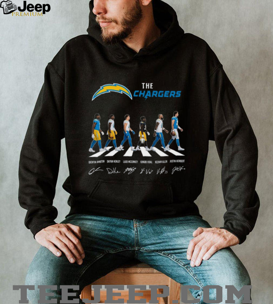 Los Angeles Chargers Abbey Road Walking Players Signature Black T Shirt