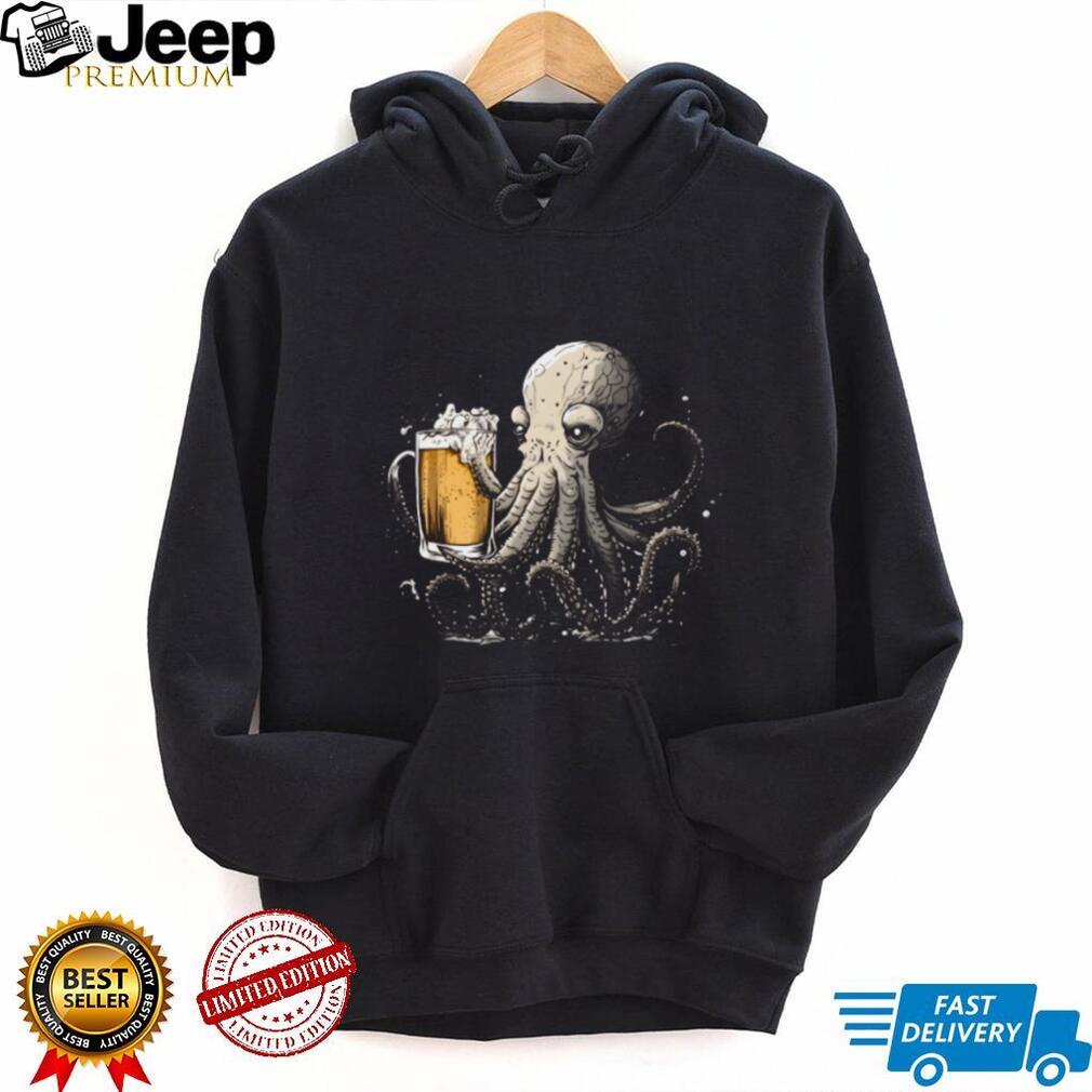 Octopus Holding Beer Mug Funny Nautical Illustration T Shirt