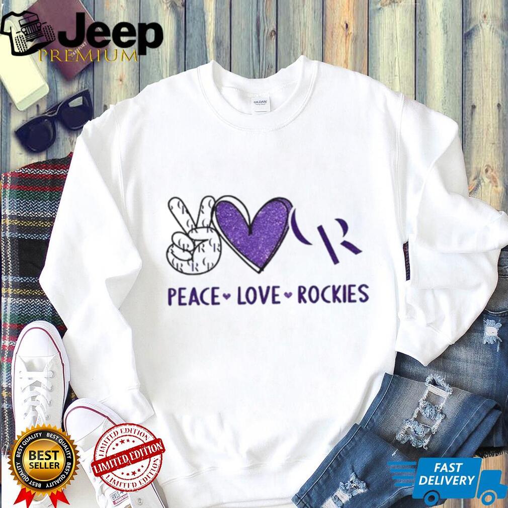 Peace Love Rockies Colorado Baseball Purple Glitter Logo T Shirt
