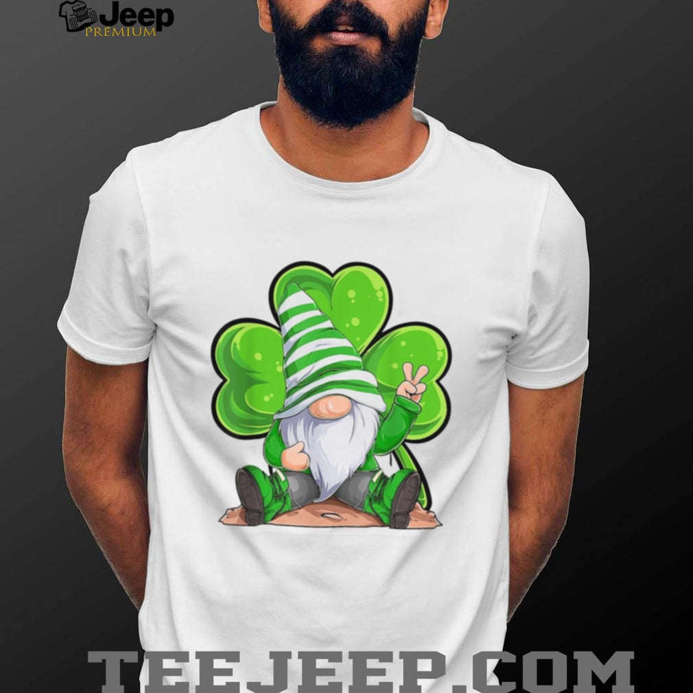 Peaceful Garden Gnome with Shamrock and Peace Sign Design T Shirt