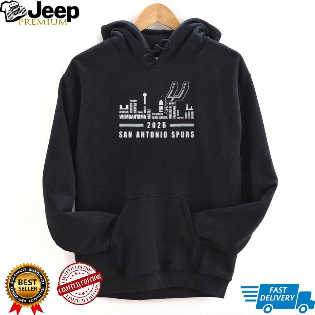 San Antonio Spurs Victor Wembanyama 2026 Roster Names Black White City Skyline T Shirt