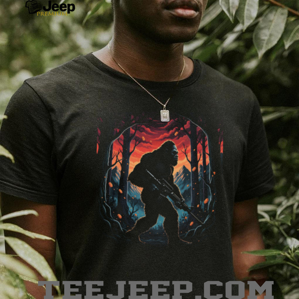 Tactical Bigfoot Sasquatch with Rifle in Forest Art T Shirt