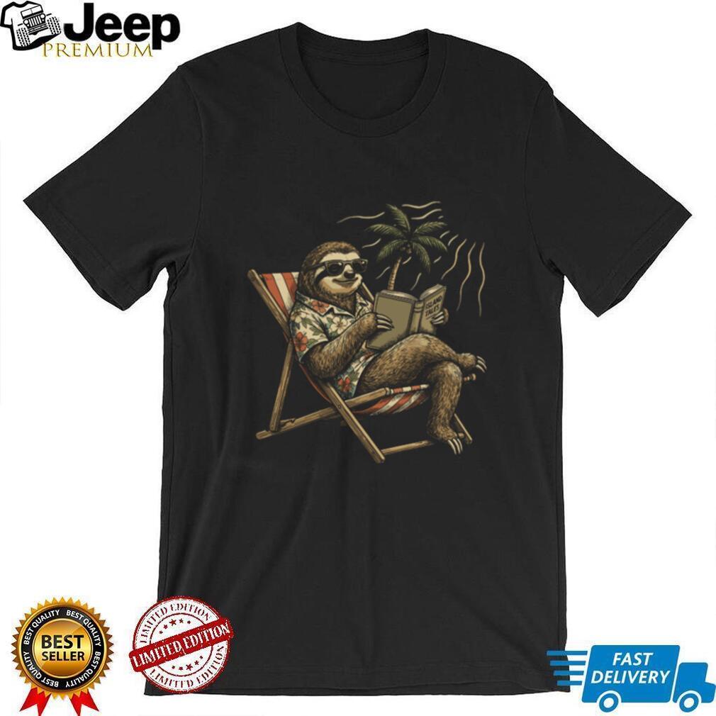 Tropical Sloth Relaxing in Beach Chair Shirt Island Tales Vacation Tee
