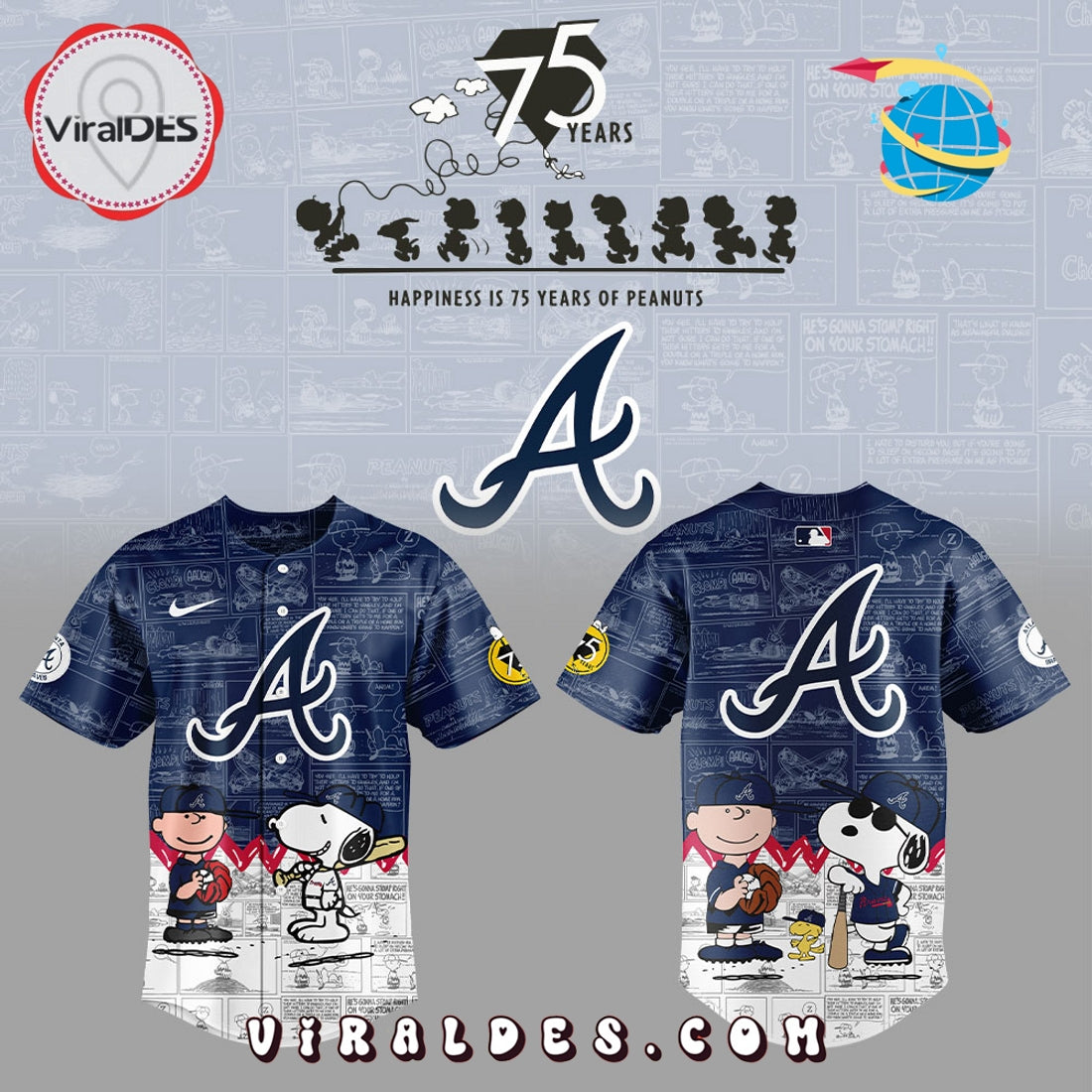 Atlanta Braves 75th Anniversary Peanuts Navy Baseball Jersey