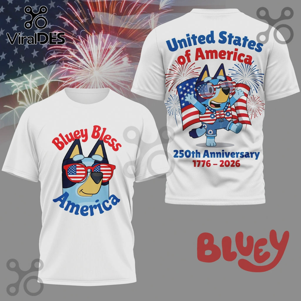 Bluey Bless America 250th Anniversary Patriotic Graphic T-Shirt