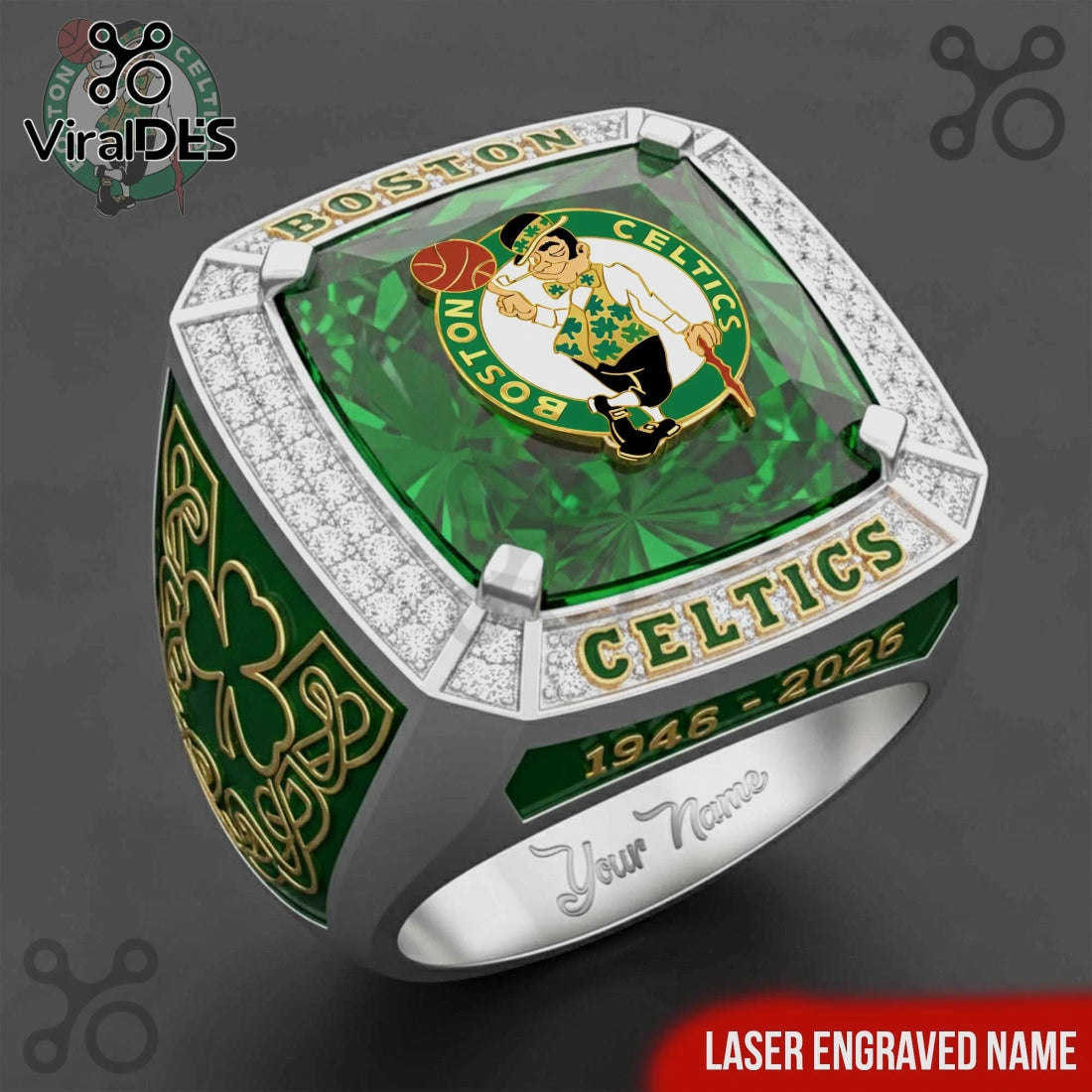 Celtics 1946-2026 Anniversary Ring Custom Engraved Name Premium Ring