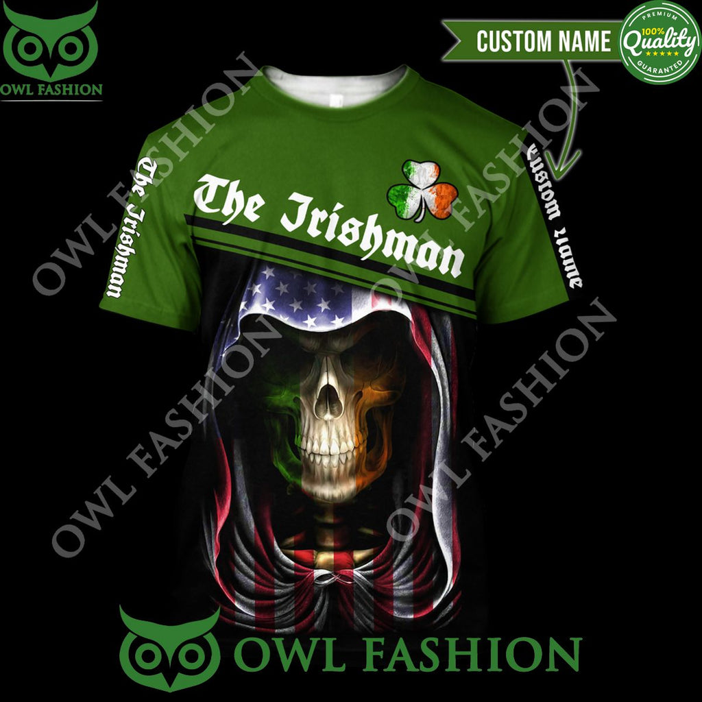 Custom Name Irish Skull St Patrick Day Skull US Flag 3D Hoodie