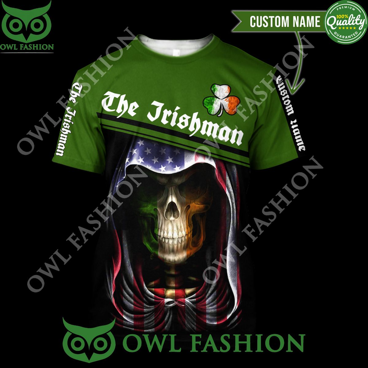 Custom Name Irish Skull St Patrick Day Skull US Flag 3D Hoodie