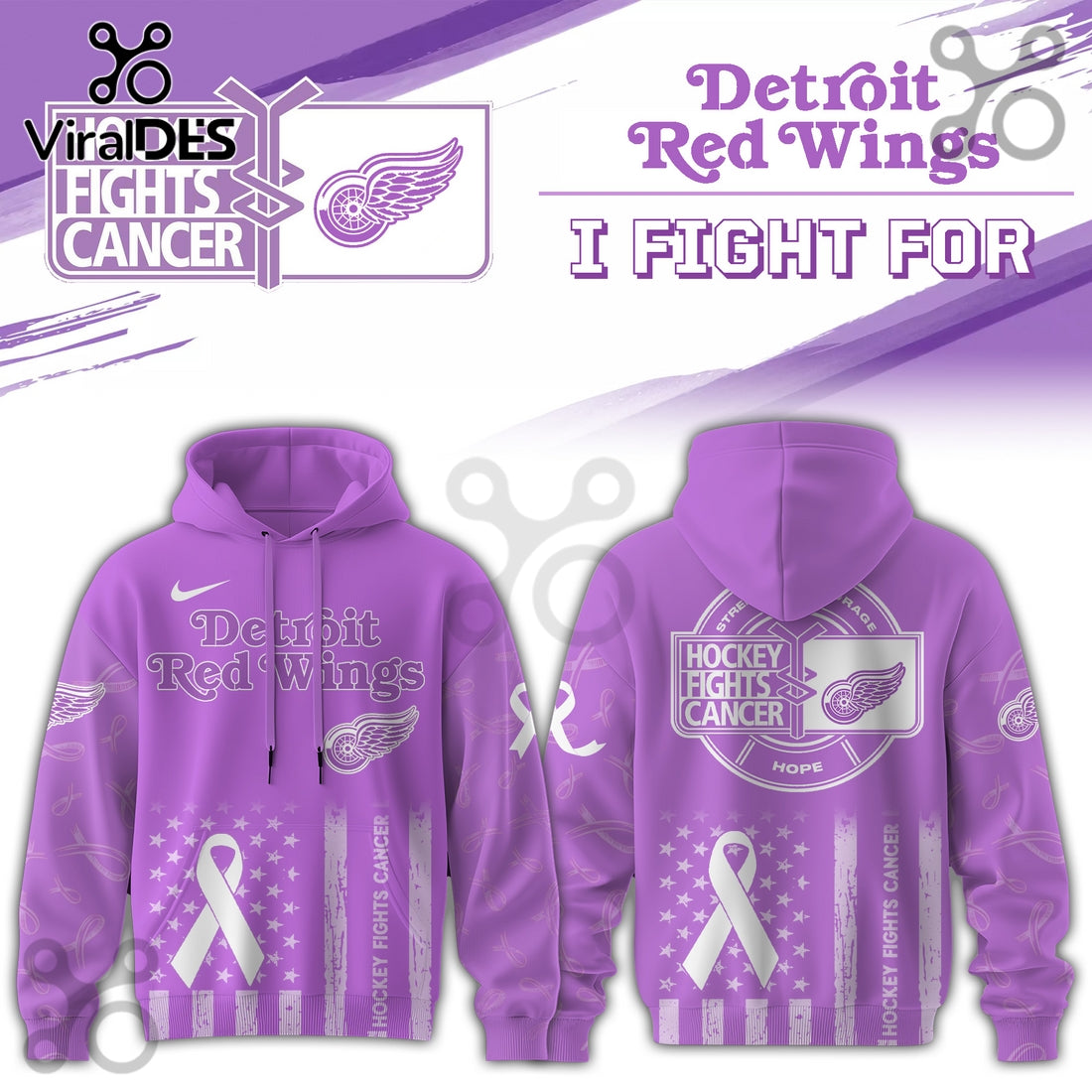 Detroit Red Wings Hockey Fights Cancer Purple Ribbon Hoodie