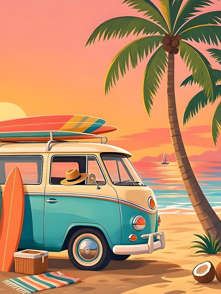 Vintage Surf Van Tropical Beach Sunset by Herodestroyer