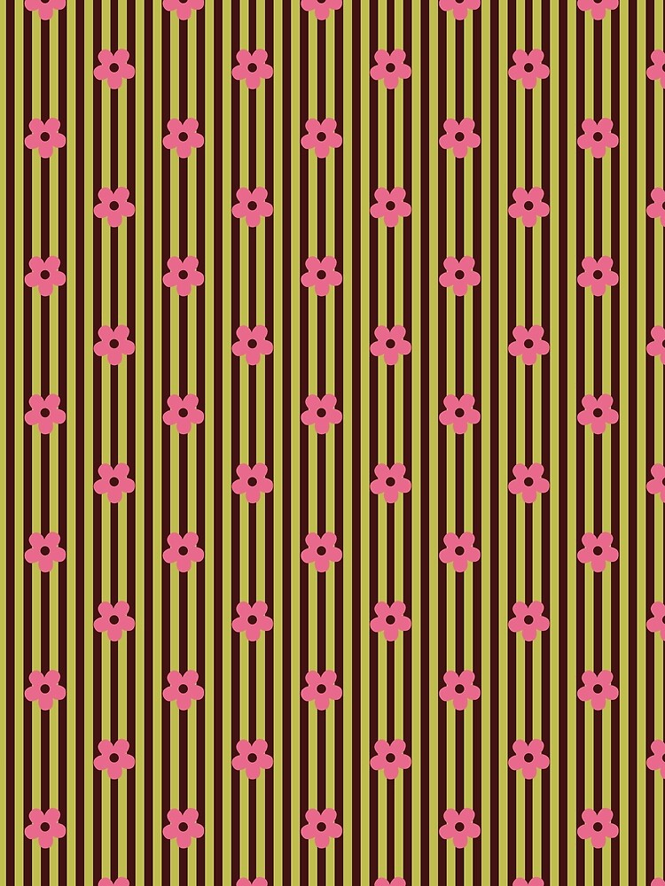 Olive Green Floral Pattern | Pink Flowers on Brown Stripes | Retro Pink Floral Stripes Design | Preppy Pink Flower Pattern | Coquette Olive and Pink Flowers with Stripes Pattern by VivaFy