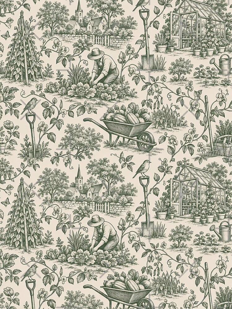 Gardening Club Toile Seamless Pattern | Vintage Vegetable Garden Toile de Jouy by StickyGuys