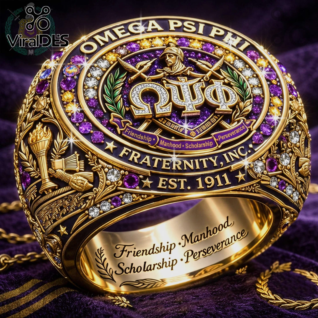 Omega Psi Phi Fraternity Ring – Luxury 3D Gold & Purple Gemstone Ring