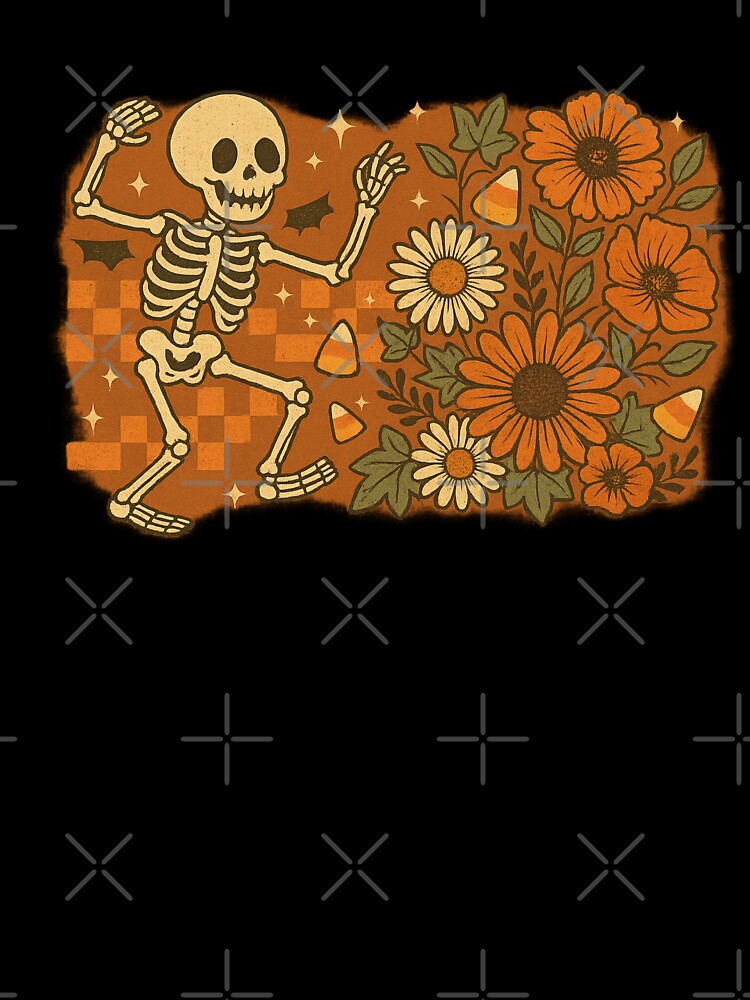 Dancing Skeleton with Retro Florals & Candy Corn – Vintage Halloween Tee by Threadfellas702