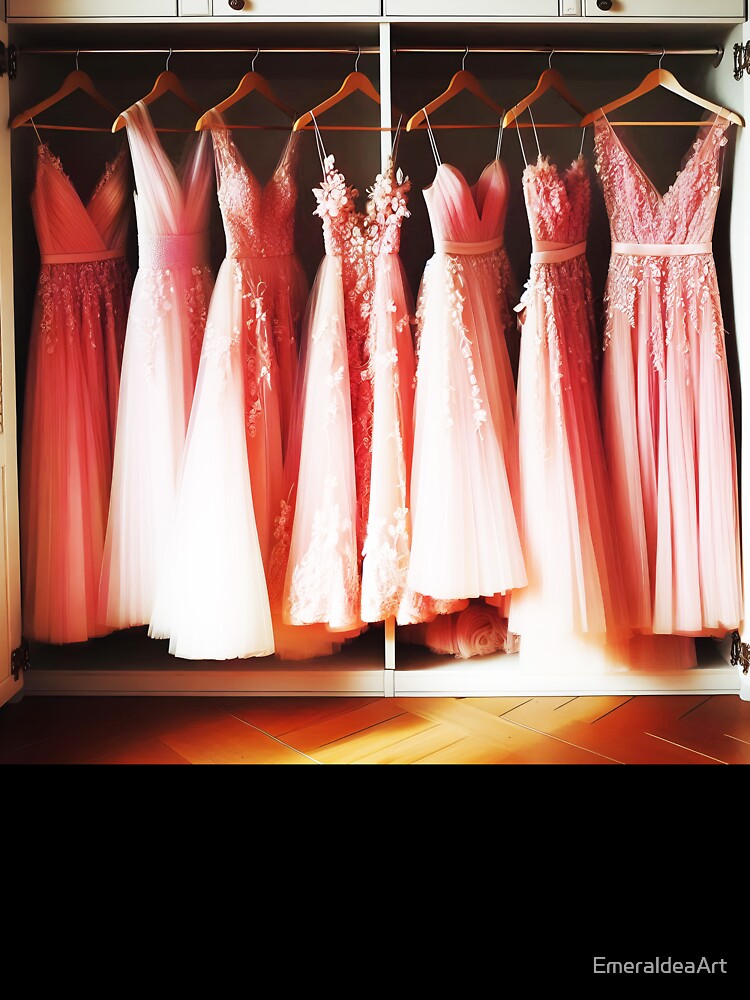 pink bridesmaid dresses on hangers in a wardrobe wedding salon wallart by EmeraldeaArt