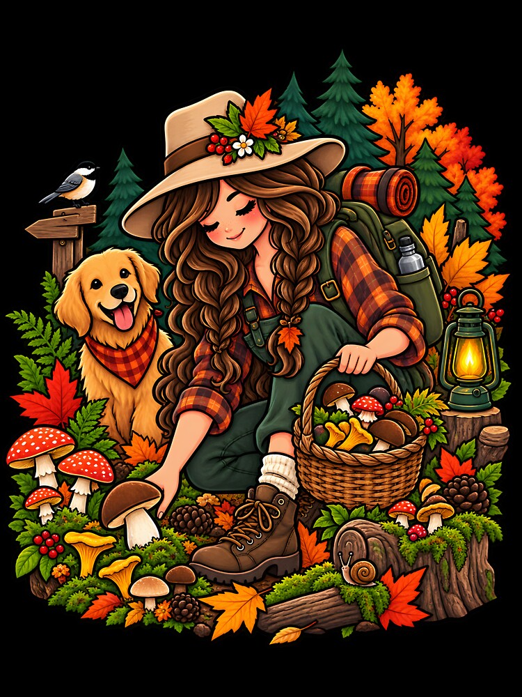 Cozy Fall Mushroom Foraging Hiking Autumn Nature Girl by Tbenghali