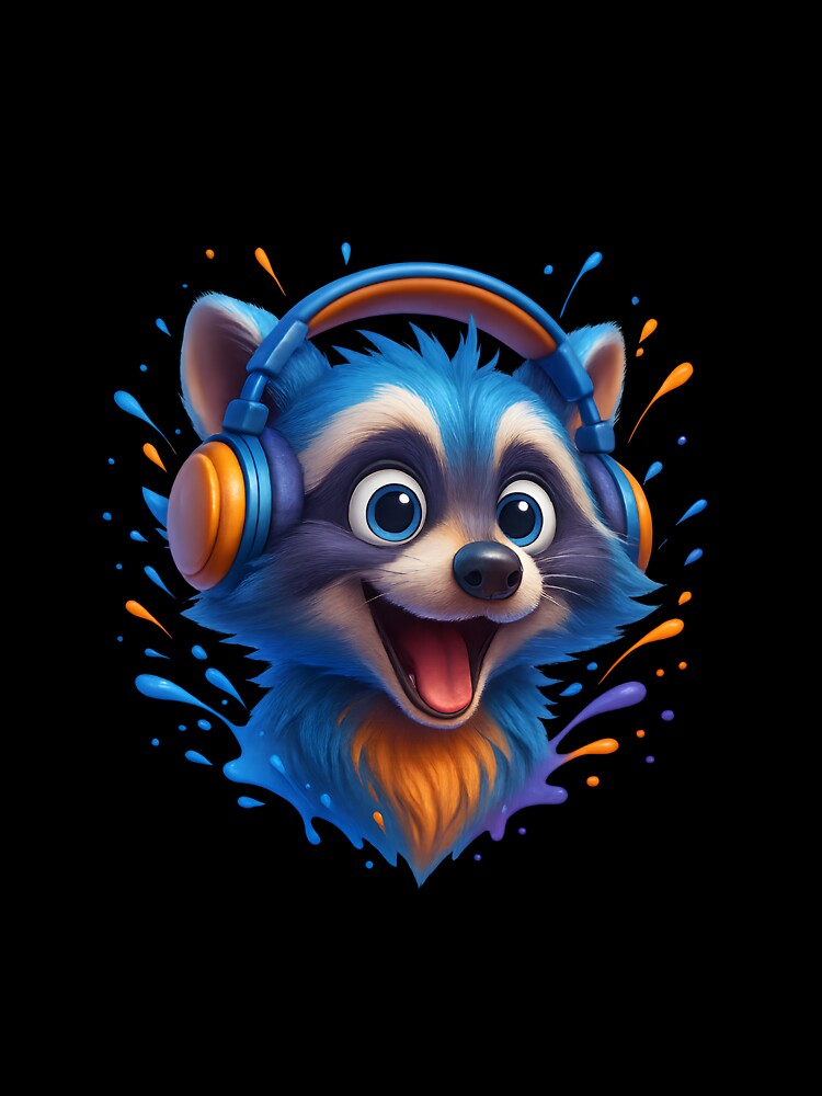 Crazy Colorful Raccoon with Headphones – Fun 3D Animal Art by WolfPixelRo