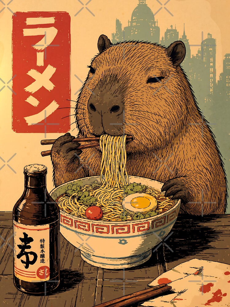 Vintage Japanese Capybara Eating Ramen Noodle Retro Ukiyo-e Style by FaizArtShop