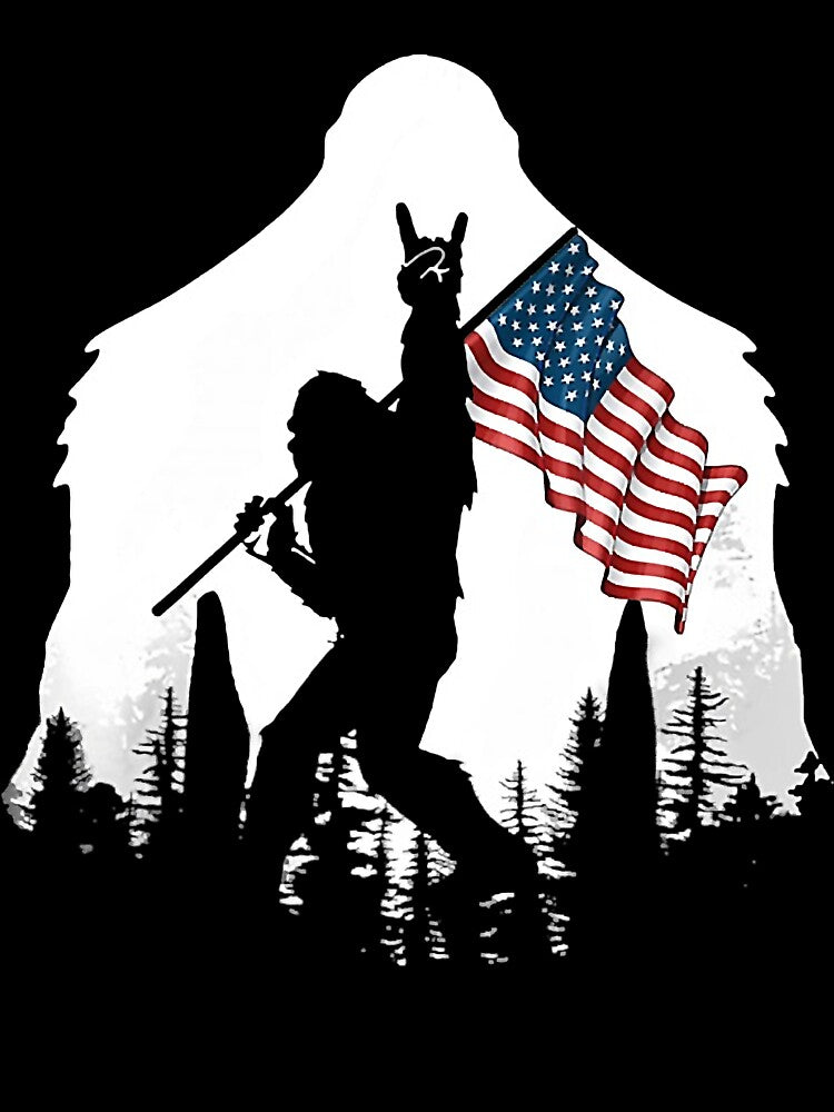 Bigfoot Victorty sign Peace USA Flag in the forest camping by Brigitte98