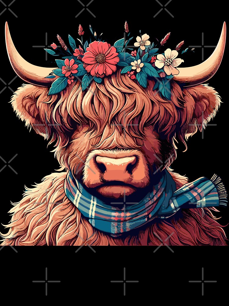 Funny scottish highland cow with flower crown by TomFrontierArt