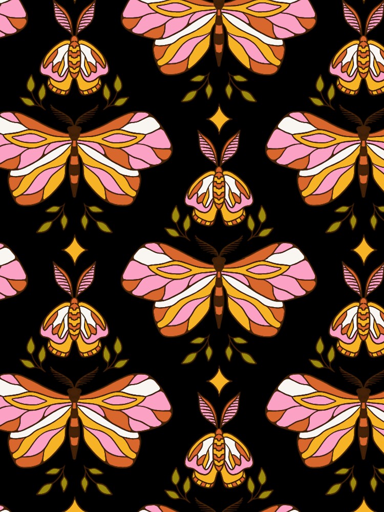 Retro Boho Moth Pattern – Elegant Pink Gold Burnt Orange Moths on Black Repeat Design by DERA RAY