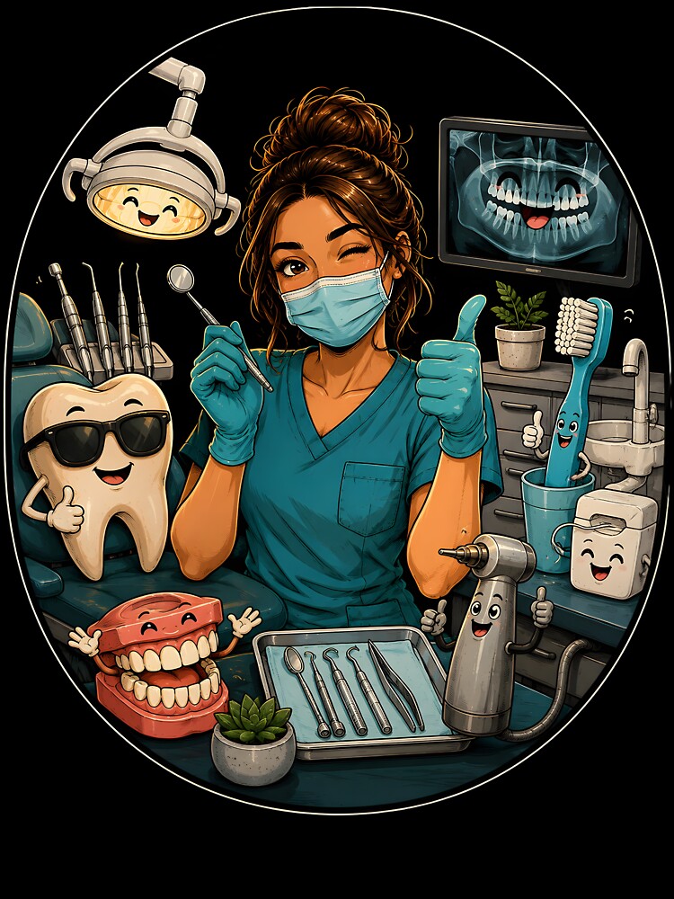 Funny Dentist Dental Hygienist Tooth Care Cartoon Illustration by Tbenghali