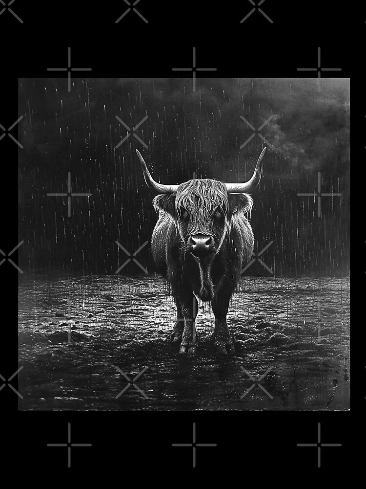 Highland Cow in the Rain – Black and White Cattle Art by inkoutninja
