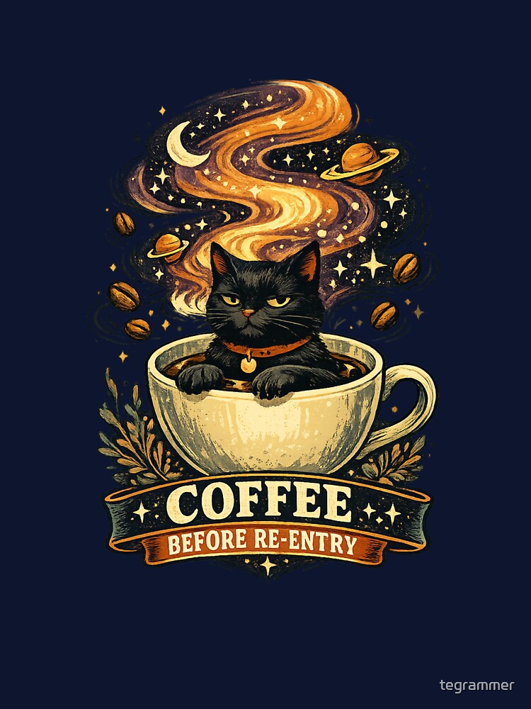 Coffee Before Re-Entry Cosmic Black Cat by tegrammer