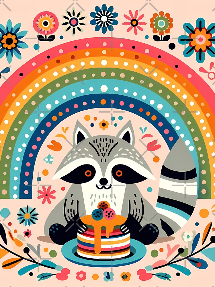 Cute Raccoon with Waffles and Ice Cream - Scandinavian Folk Art by heidiannemorris © by FOLK ART FUSION