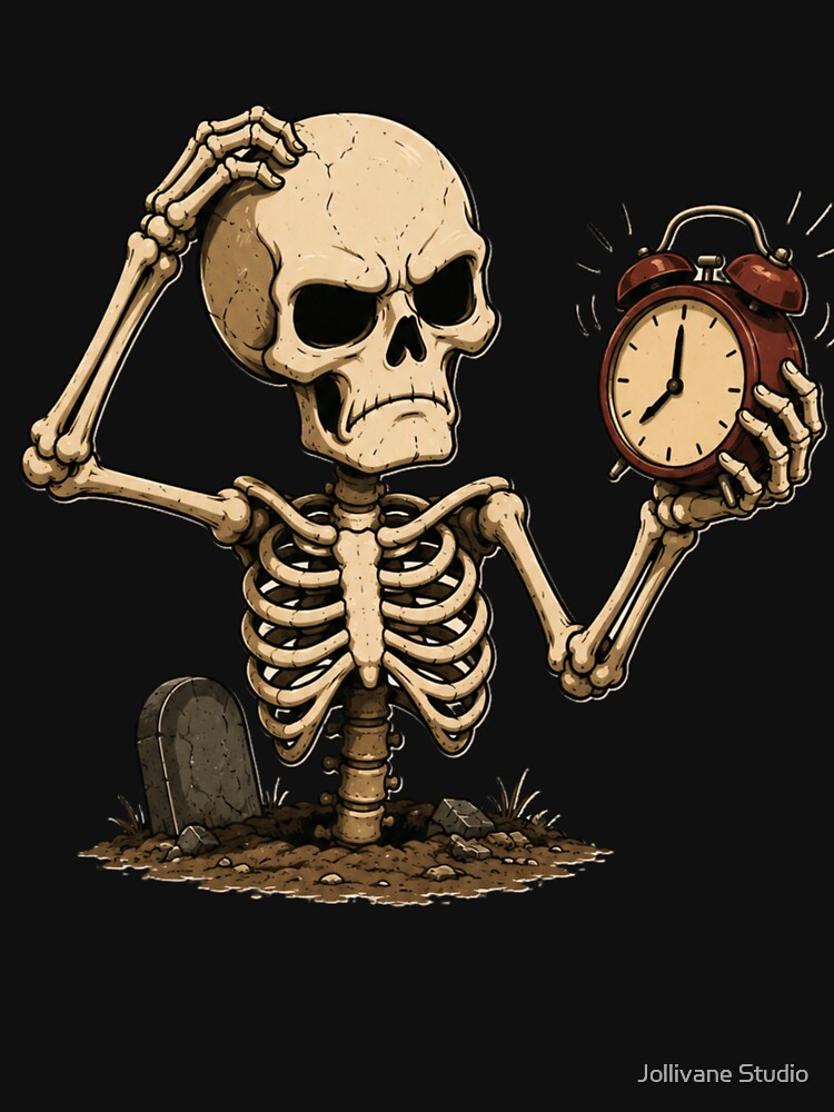 Funny Halloween Skeleton Waking Up Too Early – Vintage Alarm Clock Cartoon by Jollivane Studio