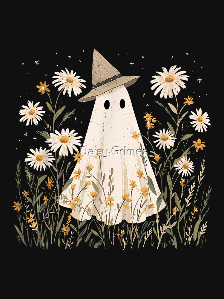 Cottagecore Boo Ghost Reading Arabesque Wildflower Botanical by Daisy Grimes