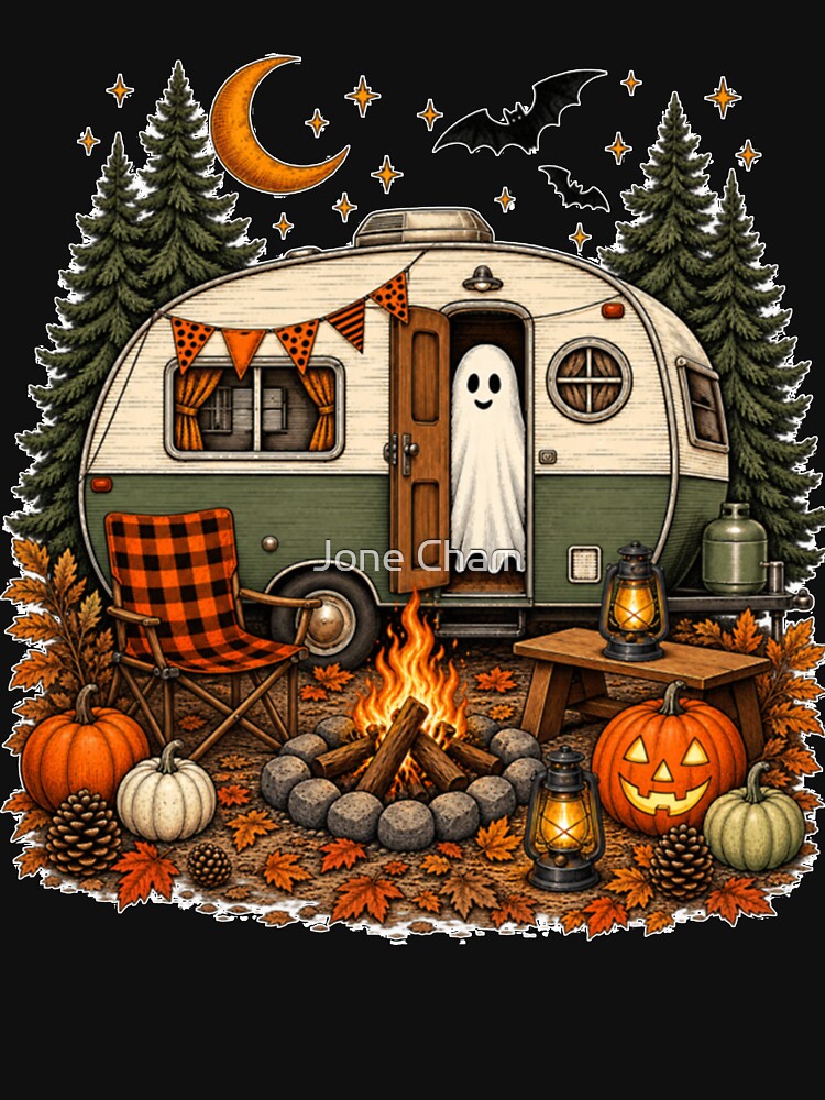 Halloween Camping Ghost Vintage Camper Fall Pumpkin Autumn Pullover by Jone Cham