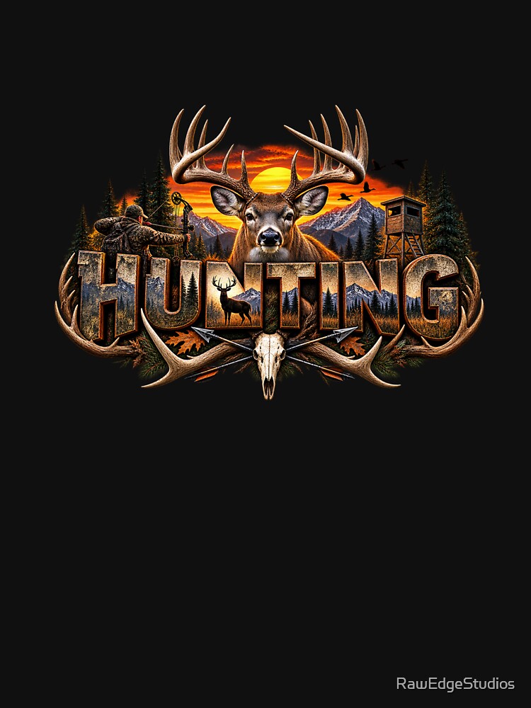 Sunset Deer Whitetail Buck Antler Mountain Forest Hunting Outdoorsman by RawEdgeStudios
