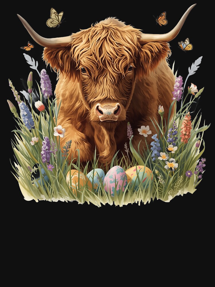 Highland Cow Easter Egg Hunt – Cute Spring Highland Cow with Butterflies by Willow & Ink