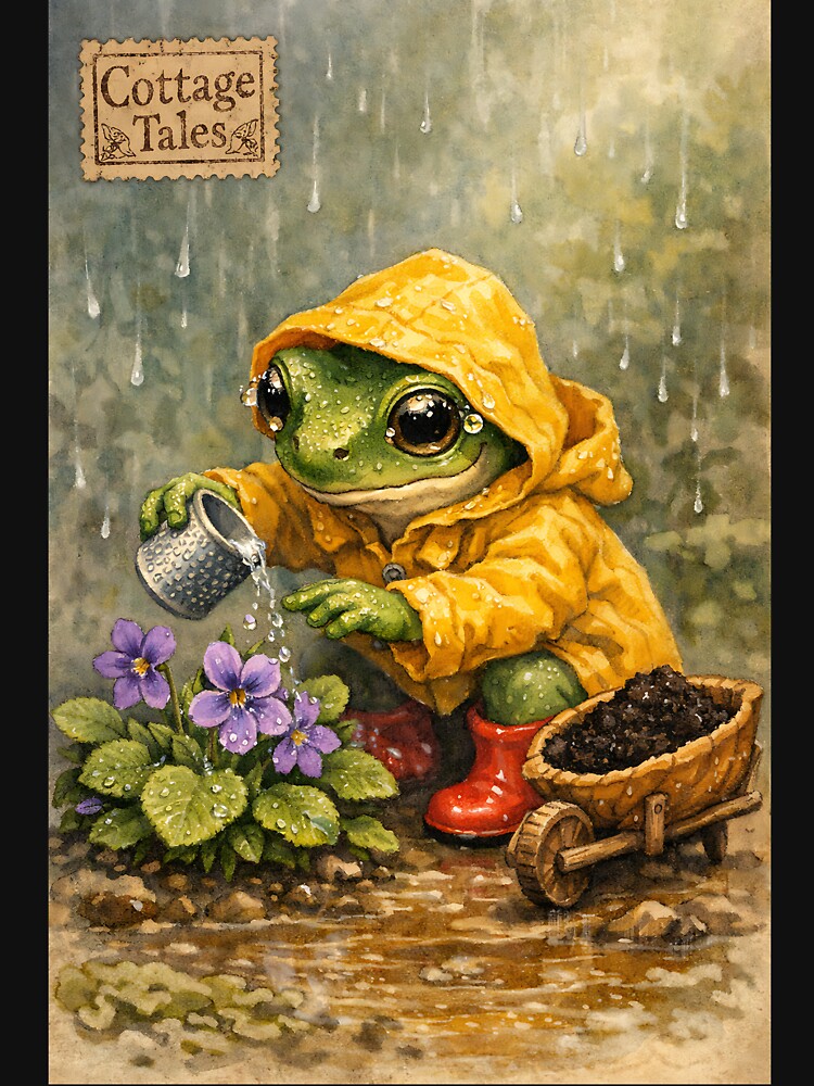 The Rain-Gaiter Gardener - Cottagecore Frog by bapupa